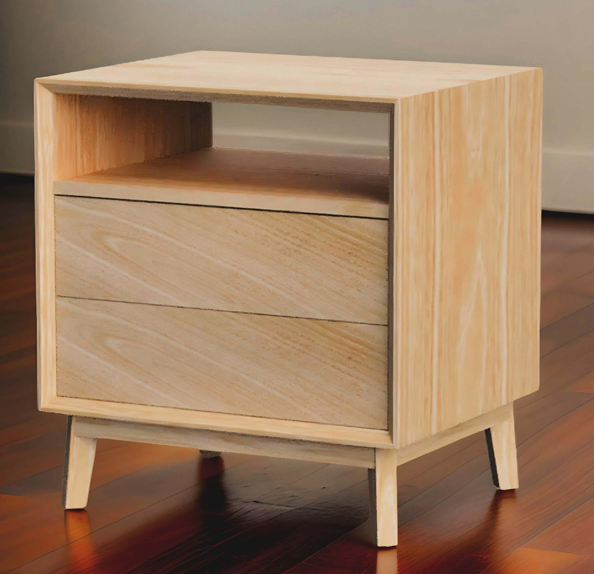 Mid-century modern JFK Nightstand in white oak with waterfall grain wrap and angled geometry, showcasing elegance and classic style.
