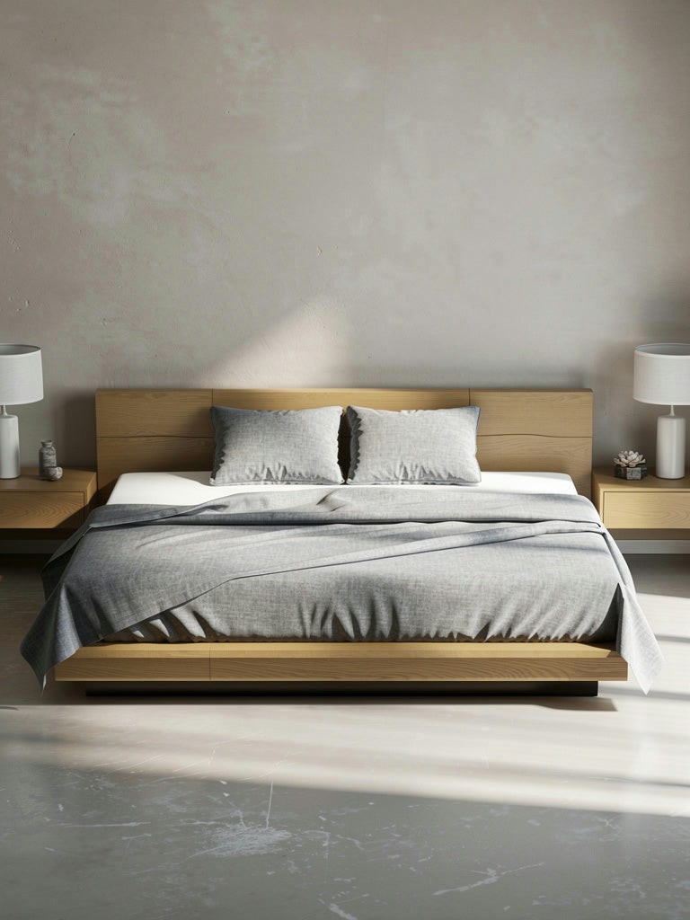 Modern bedroom with wooden bed and minimal decor