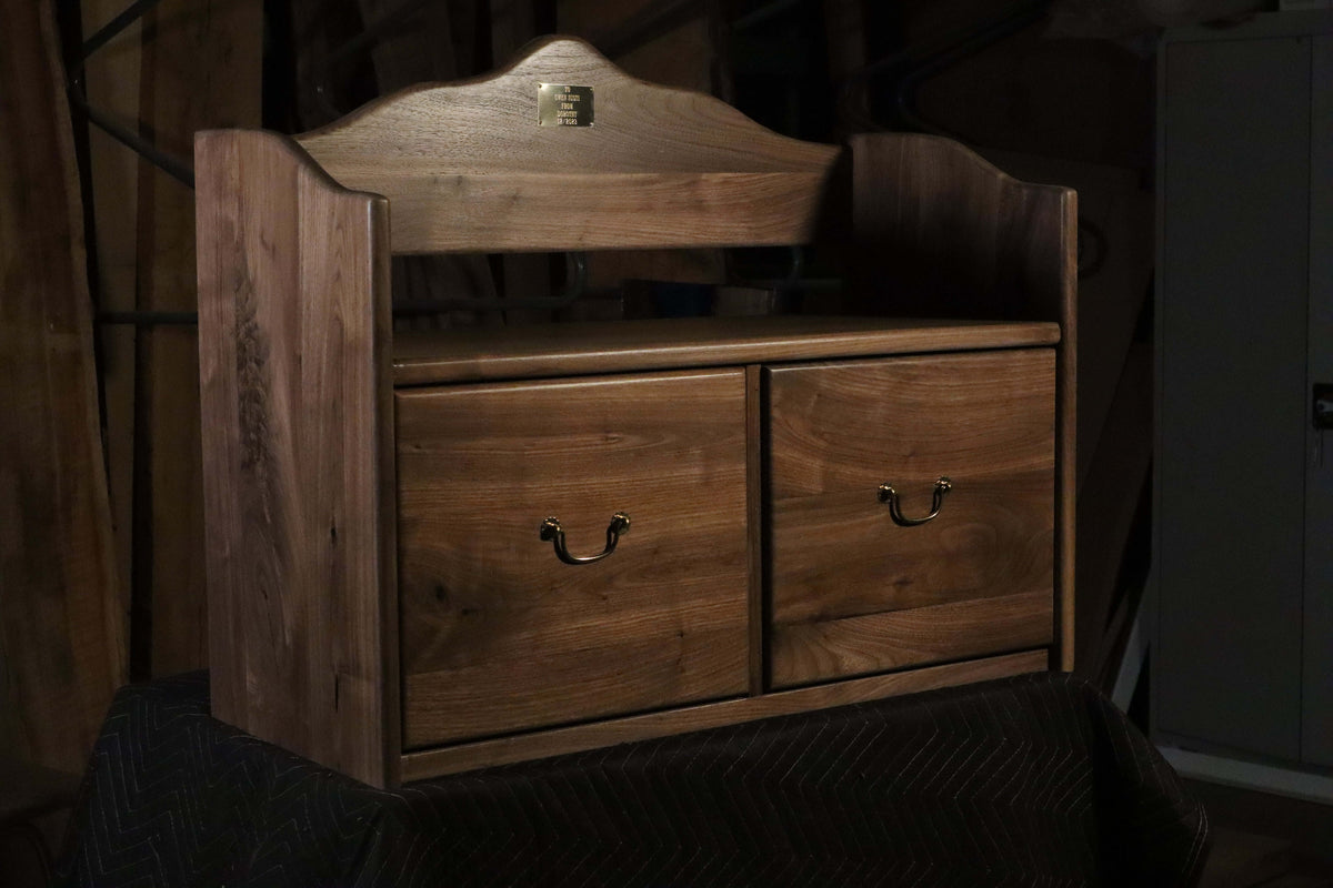 Solid walnut toy chest with elegant design, ideal for imaginative play and as timeless furniture, heirloom quality construction.