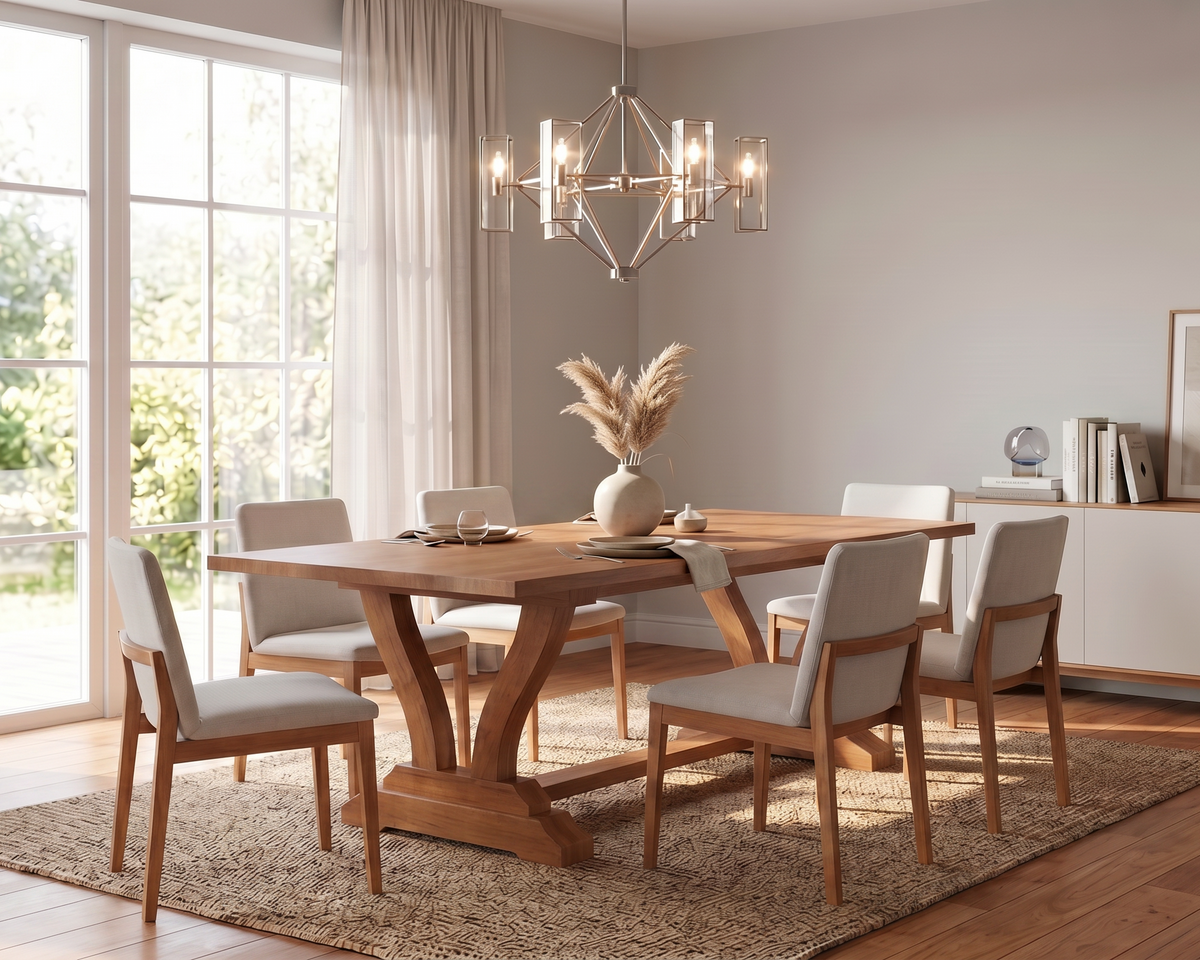 A modern dining room featuring a rectangular wooden dining table with a sculptural twisted base, surrounded by six upholstered chairs with light beige fabric and wooden legs. The dining set is styled on a textured beige rug under a multi-light chandelier, set in a bright room with large windows, sheer curtains, and a light wood sideboard.