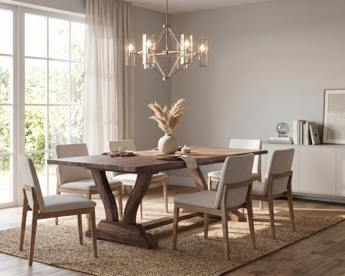 A modern dining room featuring a rectangular wooden table with a twisted base and six upholstered chairs, set on a textured area rug in a bright, contemporary room with large windows and a chandelier.