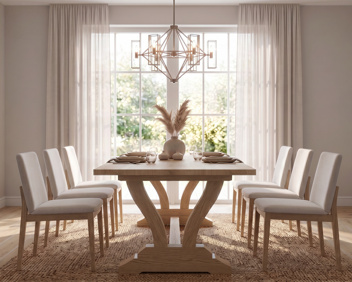 A dining room scene featuring a light wood rectangular table with a sculptural twisted pedestal base, surrounded by eight upholstered dining chairs in a neutral beige and white palette. The room is styled with a large window, sheer curtains, a geometric chandelier, and a textured area rug.