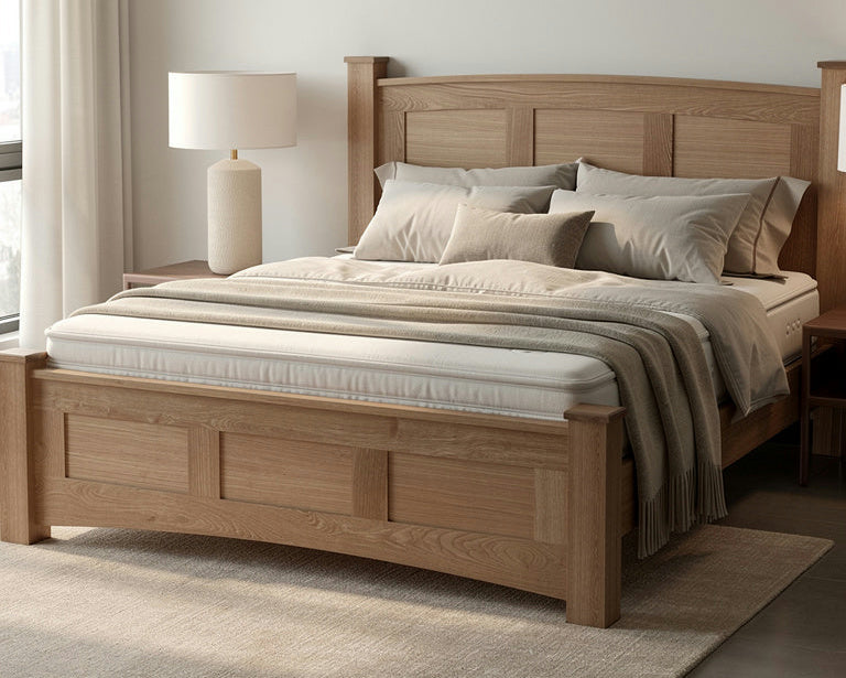 white oak bedframe in modern room
