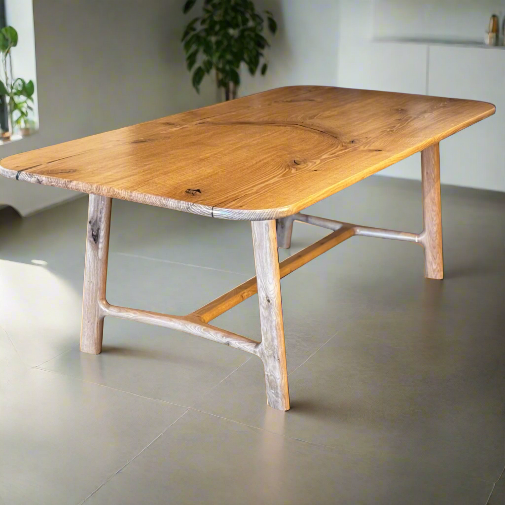 Wooden table with a rustic design in a dimly lit room