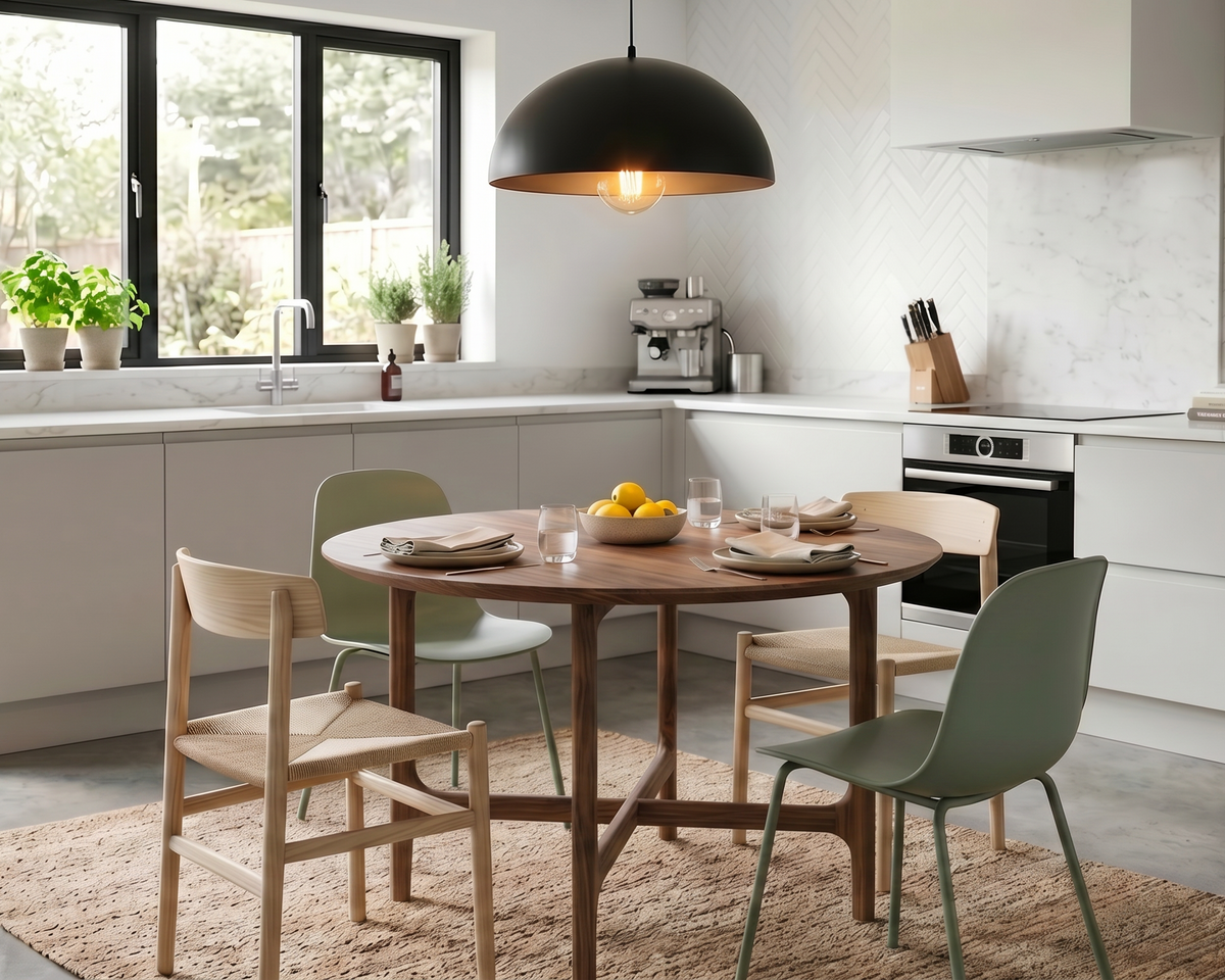 A modern kitchen interior with a round wooden dining table, four chairs, a black pendant light, white cabinetry, and a large window in the background.