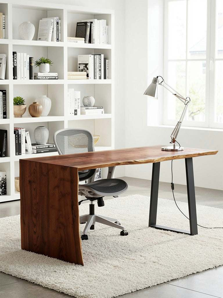 Modern office setup with a wooden desk, chair, and bookshelf.