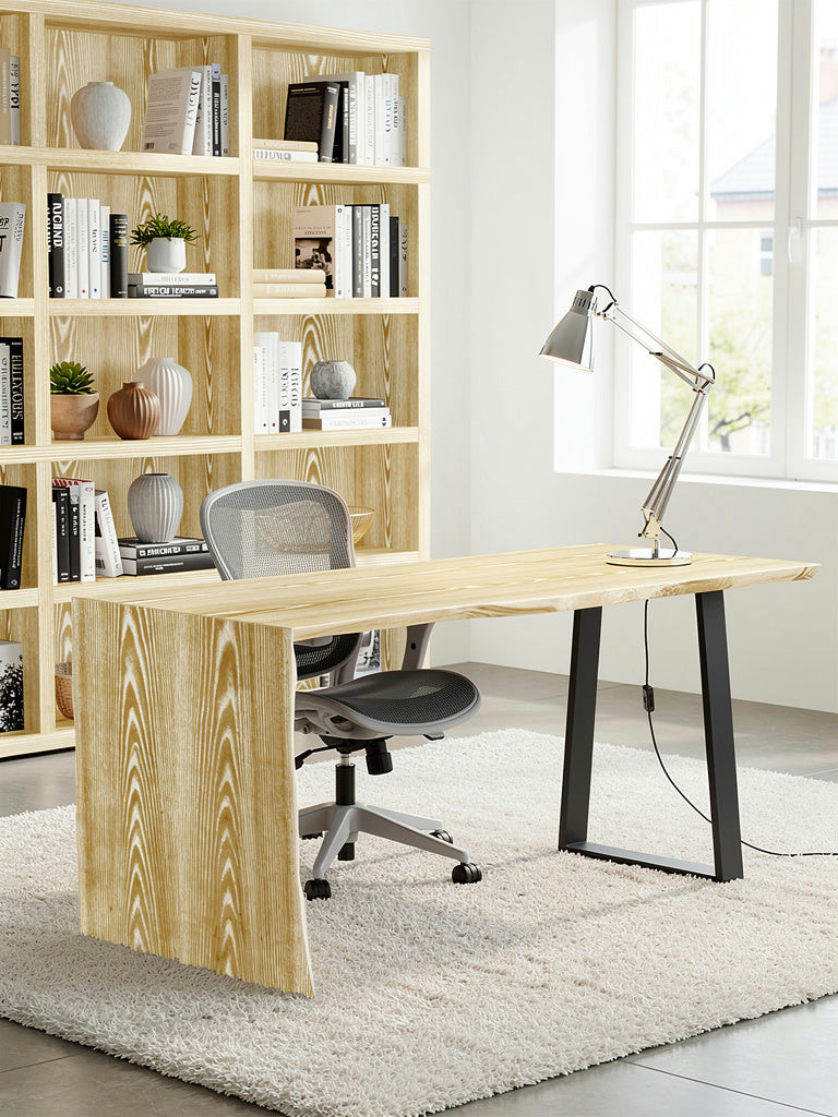 Modern office setup with wooden desk, chair, and bookshelf.