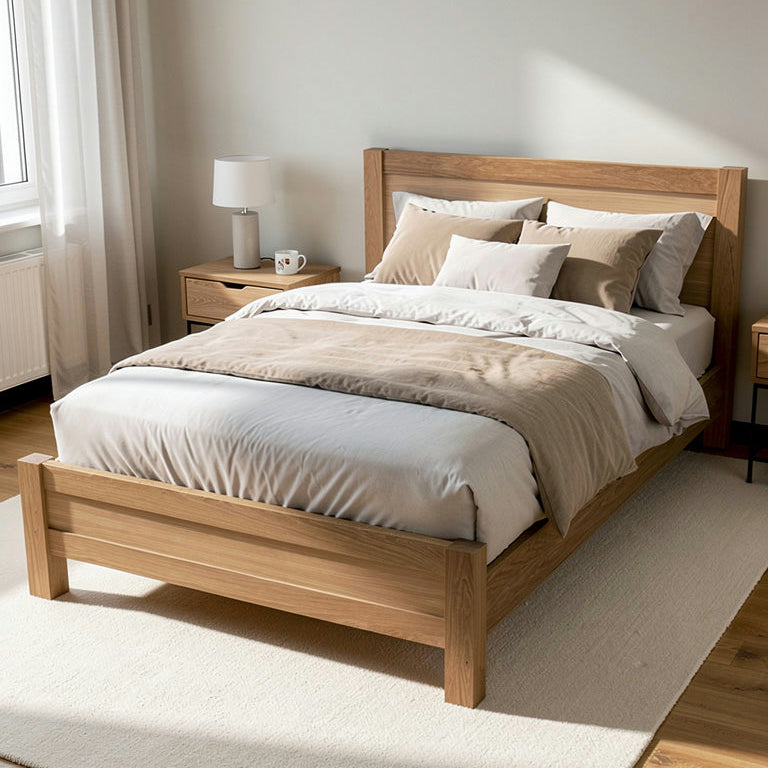 Wooden bed with bedding in a bedroom setting
